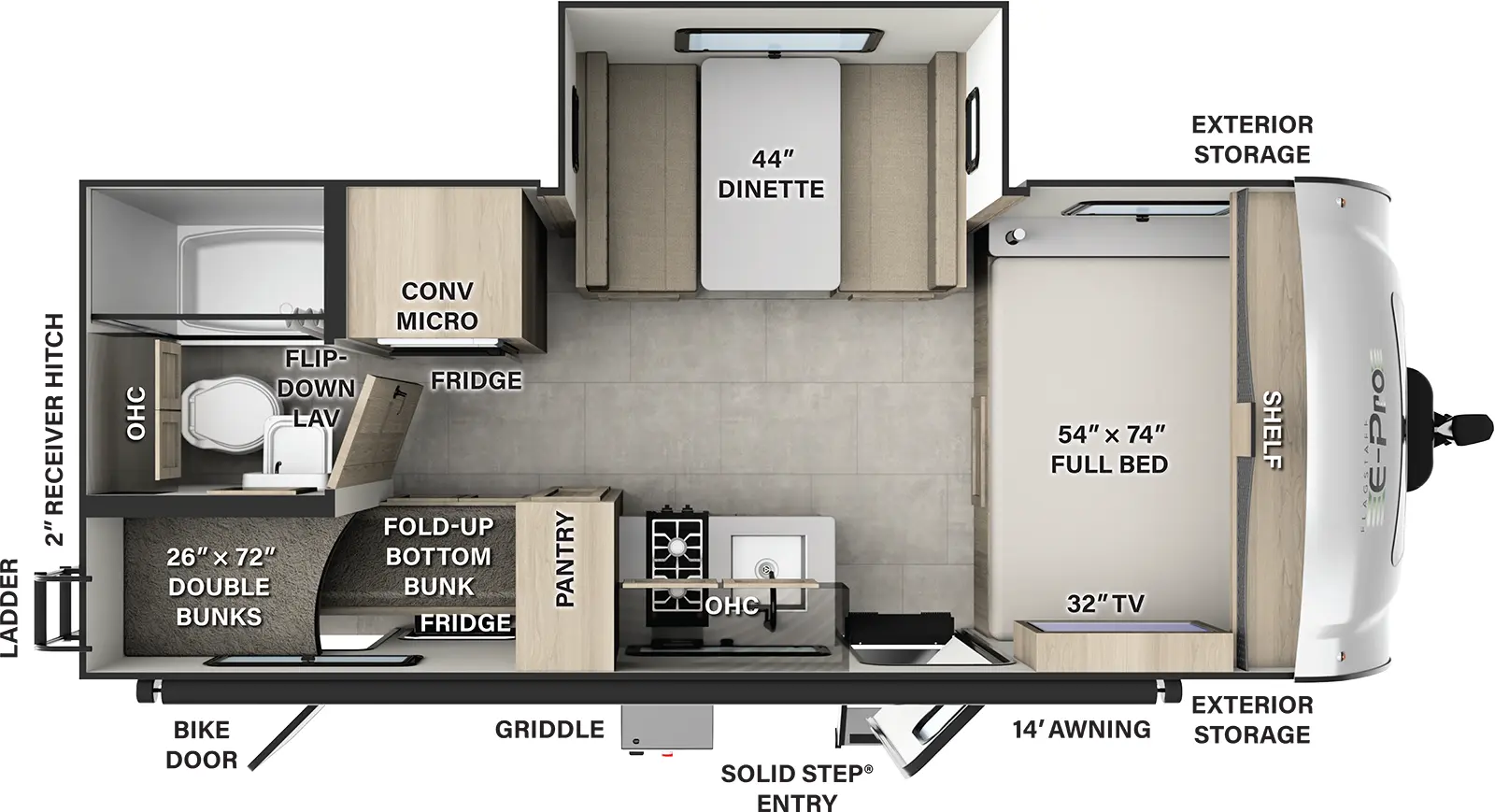 The Flagstaff E-Pro E20BH floorplan has one entry and one slide out. Exterior features include: fiberglass exterior and 14' awning. Interiors features include: bunk beds and front bedroom.